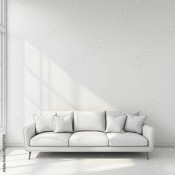 Fototapeta White fabric sofa in empty room. Minimalist interior design of modern living room.