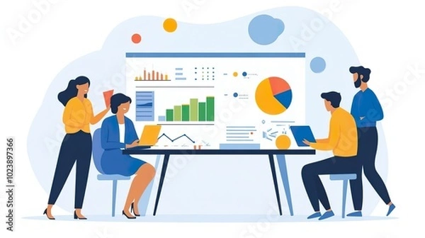 Fototapeta Creative team discussing marketing results with charts and graphs