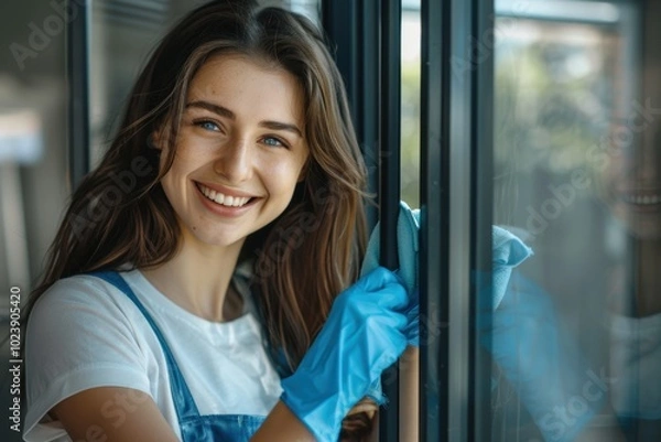 Fototapeta A cheerful young woman of mixed race cleaning a window with a cloth. A Hispanic woman takes pleasure in household tasks in her living space