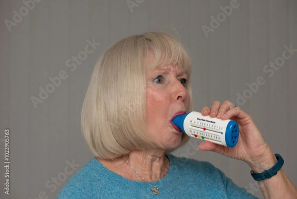 Obraz England UK. 10.11.2023.  Woman using a peak flow meter to check for Asthma symptoms.