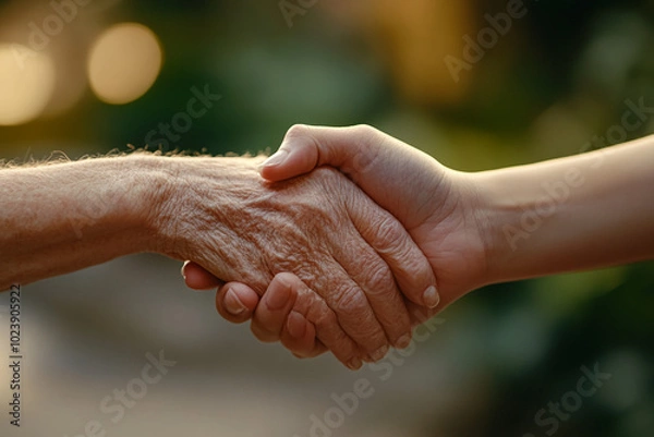 Fototapeta Elderly and young hands in a handshake gesture outdoors with blurred background.