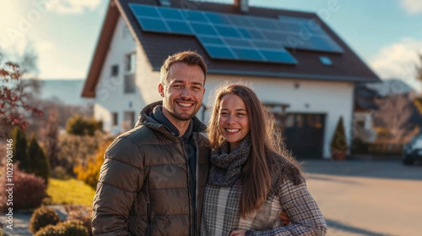 Obraz happy couple in front of large house with solar panels installed, in europe