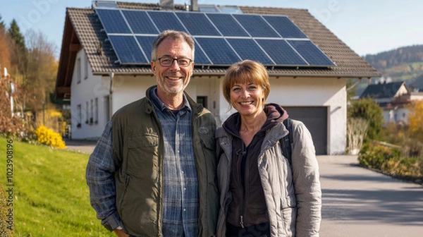 Obraz happy couple in front of large house with solar panels installed, in europe