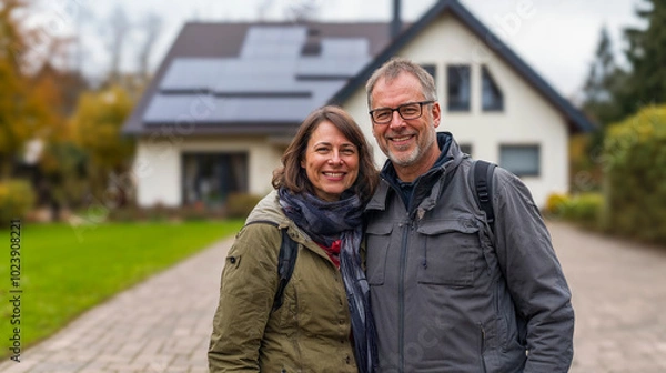 Obraz happy couple in front of large house with solar panels installed, in europe