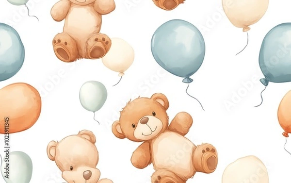 Fototapeta Cute teddy bear and balloon seamless pattern