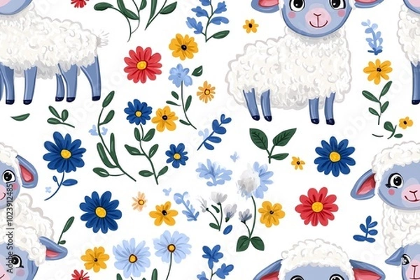 Fototapeta Cute Sheep and Flowers Seamless Pattern