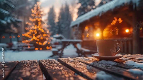 Fototapeta Christmas market with hot coffee on the wooden table with Christmas decoration , Christmas tree on the background and winter mood
