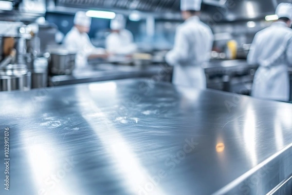 Fototapeta Empty polished steel countertop with busy chefs working in restaurant kitchen in the background