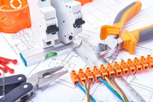 Fototapeta Components for use in electrical installations. Cut pliers, connectors, fuses and wires. Accessories for engineering work, energy concept.