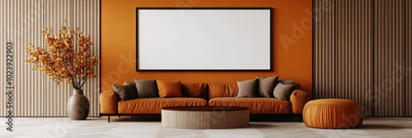 Fototapeta A modern living room with a comfortable orange sofa and a large framed artwork above it.