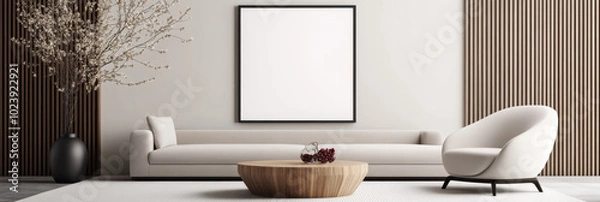 Fototapeta Minimalist living room with a white sofa and a large empty frame.