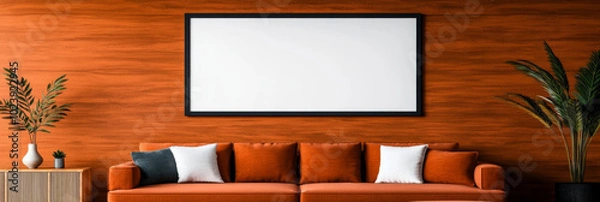 Fototapeta Modern living room with orange sofa and a blank frame for your art.