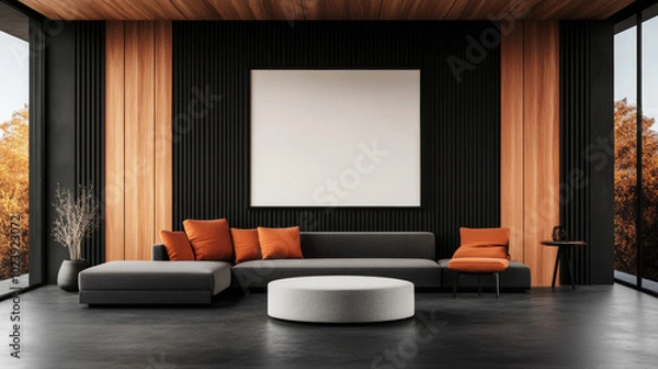 Fototapeta Modern living room with a large, blank canvas above a sectional sofa.