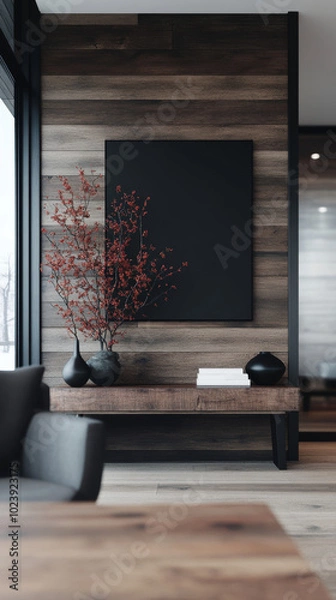 Fototapeta Modern living room with a large framed artwork above a wooden console table.