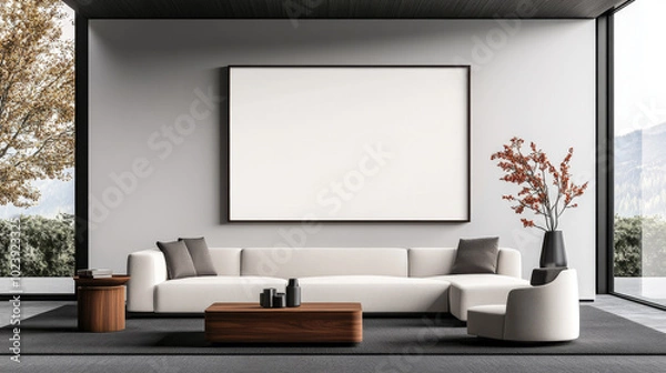 Fototapeta Modern living room with white sectional sofa and large blank canvas.