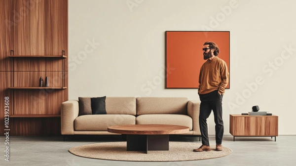Fototapeta Man in a living room with a large sofa, a round coffee table and a wall with shelves.