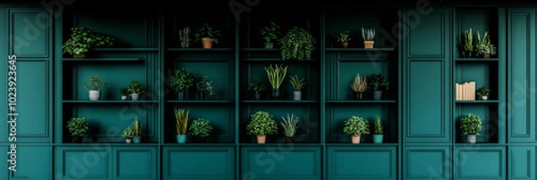 Fototapeta A wall of teal-colored shelves with various plants in pots.