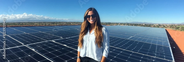 Fototapeta Smiling woman in sunglasses standing on a rooftop with solar panels.