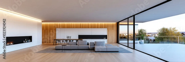 Fototapeta Modern living room with a fireplace and a view.