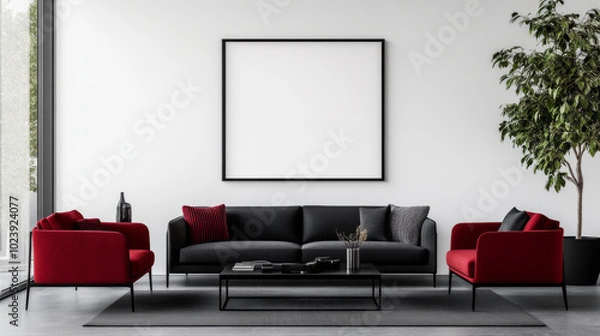Fototapeta Modern living room with a black sofa, red armchairs, and a large framed artwork.