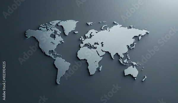 Fototapeta 3d world map, global business concept on dark background, simple and minimalistic design, metallic gray color, white borders