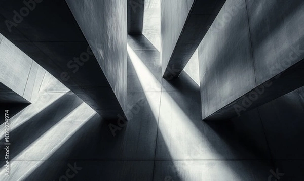 Fototapeta Abstract composition focusing on the structural pillars of a skyscraper in Rotterdam, presenting a dramatic play of light, shadow, and form