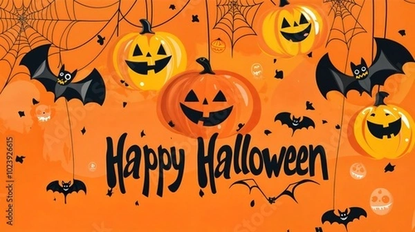 Obraz Fun and playful Halloween illustration with smiling pumpkins, bats, and spider webs on a vibrant orange background.

