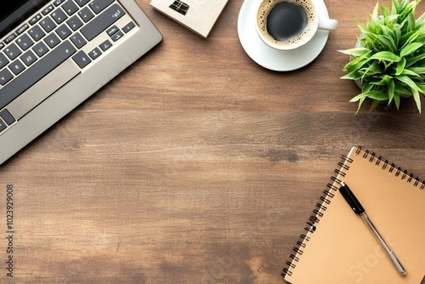 Obraz 俯瞰で見る整然としたホームオフィスデスク ｜Top-Down View of a Neatly Arranged Home Office Desk