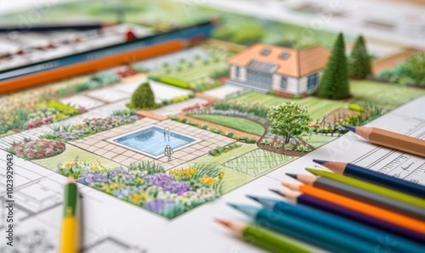 Fototapeta A detailed garden plan with a pool, gazebo and surrounding landscaping drawn on paper