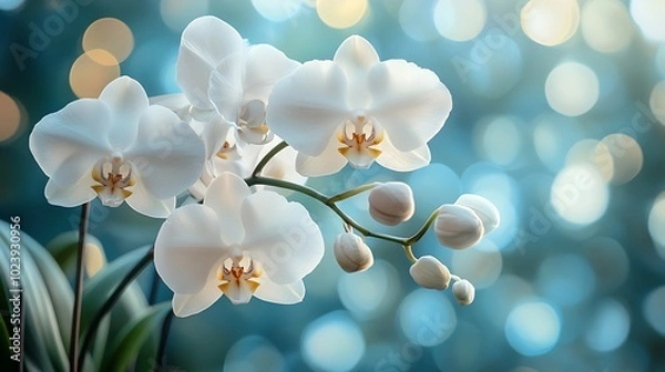 Obraz White orchid flowers with blurred blue and gold background.