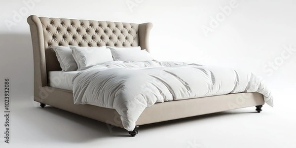 Fototapeta  elegant king-size bed with a high, tufted headboard in soft beige fabric, adorned with neatly made white linens and fluffy pillows, offering a luxurious bedroom setting