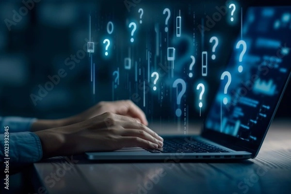 Obraz A person typing on their computer with glowing question marks floating above the keyboard, indicating that they have questions about something