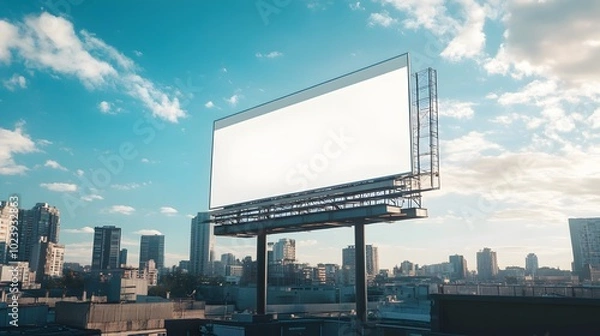 Fototapeta 5. A striking composition featuring an empty billboard on a building, providing a blank canvas for an info banner, with surrounding urban elements adding context to the scene