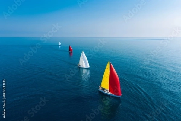 Fototapeta A race of colorful sailboats on the open sea, with one boat leading and others in line behind it