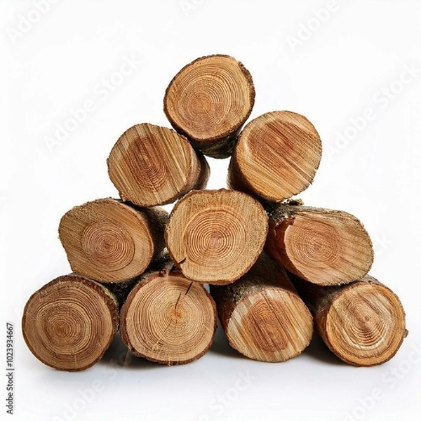 Fototapeta Pile of firewood isolated on a white background. Wood for The Fire. Sawn trees from the forest. Logging timber wood industry. Background of stacked chopped wood logs