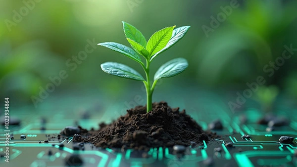 Fototapeta Plant Growing on Circuit Board Representing Green Technology