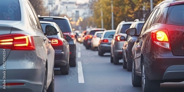 Obraz Cars double-parked on a busy city street, causing traffic congestion