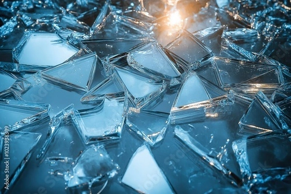 Fototapeta Shattered glass fragments reflecting light in intricate patterns on a smooth surface, creating a visually striking and chaotic arrangement