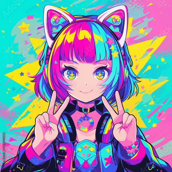 Obraz A girl anime-style character with cat ear headphones and multi-colored hair in neon colors. The pop-art style background..