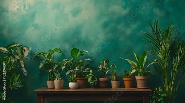 Fototapeta 2. An elegant scene featuring a brown wooden table decorated with thriving potted plants, complemented by a rich green wall backdrop, showcasing a harmonious blend of natural elements