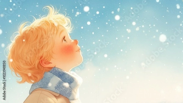 Fototapeta Child looking up at a sky filled with softly glowing snowflakes, holiday wonder, enchanted snowfall
