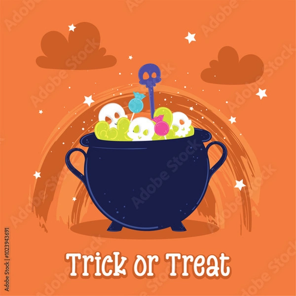 Obraz Halloween cauldron with skull candy and Trick or Treat text, Vector