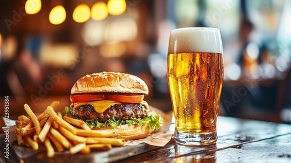 Fototapeta A classic burger and fries meal is served with a tall glass of beer in a busy diner