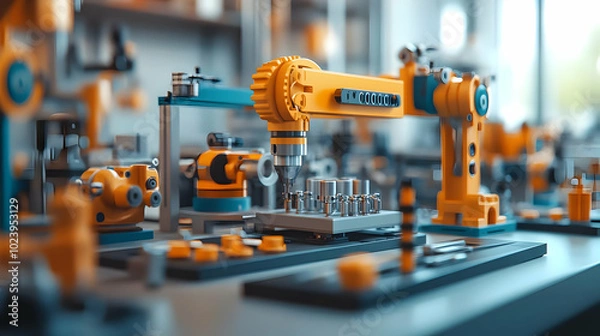 Obraz Group of 3D Engineers Testing Prototype in Tech Workshop: Focused Innovation and Craftsmanship in Product Development with Tools and Detailed Hands