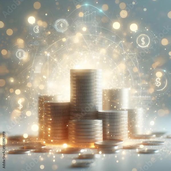 Obraz 3D Soft Abstract Coins with Bokeh Effect - Captivating Financial Concept for Wealth and Revenue | Isolated Icon on Clean White Background