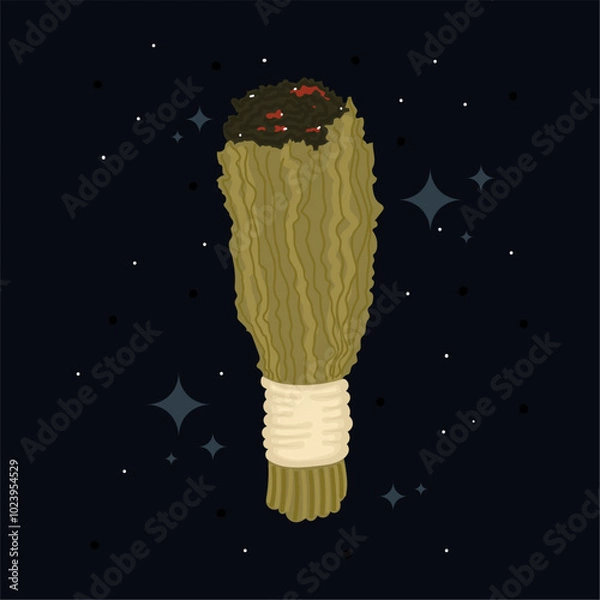 Fototapeta Burning sage bundle on dark mystical background, Vector