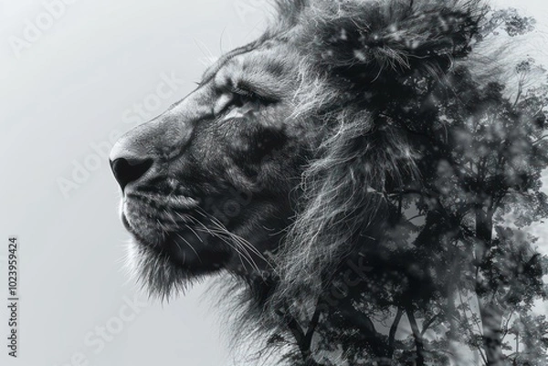 Obraz Divine Majesty: Double Exposure Illustration of Jesus and Lion