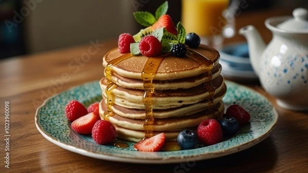 Fototapeta Photo of a stack of tall fluffy pancakes