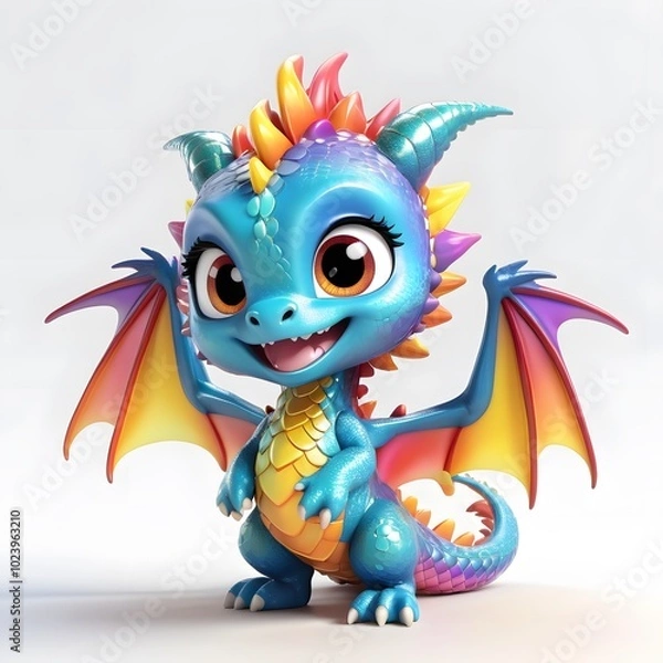 Fototapeta Brightly colored 3D chibi dragon with a playful and adorable expression, perfect for adding a touch of whimsy