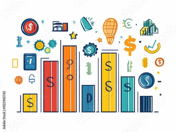 Fototapeta Flat Bar Graph with Currency Symbols: Vector Illustration of Global Market Growth, Financial Analysis & Business Infographics on White Background